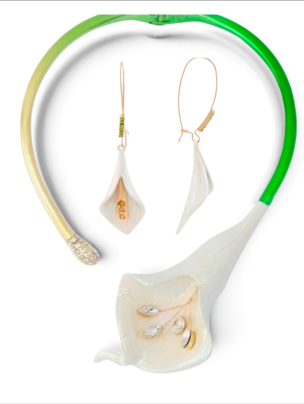 Betsey Johnson Calla Lily Green White Gold Choker Necklace Earring Set